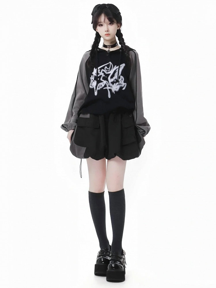 Hoodie Print Gray Colorblock Design and Star Loose Black