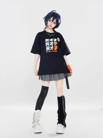 Gradient White Sleeve Short Print Top With Letter Orange Black