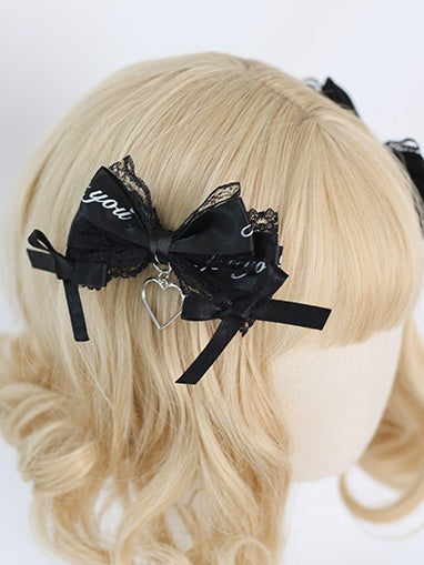 Jirai Kei Lace with Heart Bowknot Black Charm Hairclips
