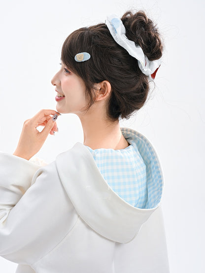 Drucken Kordelzug Saum Blau Hoodie Plaid Entzückende Cartoon Kitty Haube Weiß