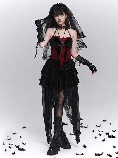 Halter Bustier Halloween Gothic Print Red with Top Black Spiderweb Neck