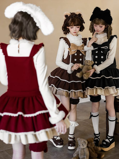 and Overall Sweet Lolita Bow Dress Straps Tiered Red Waist Dropped with Hem Ruffle