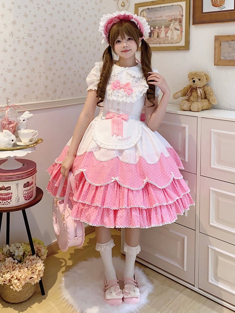 ロリータ オールドスクール パターン ドット ピンク ポルカ ストライプ ジャンパー ドレス スカート
