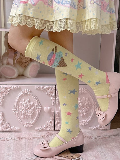 Rosa/Blau/Lila/Gelb/Weiße Lolita-Socken mit Eisdesign und Kalbsdruck in Creme