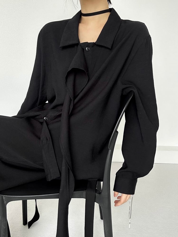 Loose Collar Lolita Draping Long Ouji Shirt Retro Black Pointed with Ribbon