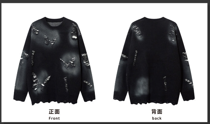 Y2K Black Butterfly Shaped Distressed Holes Round Neck Sweater