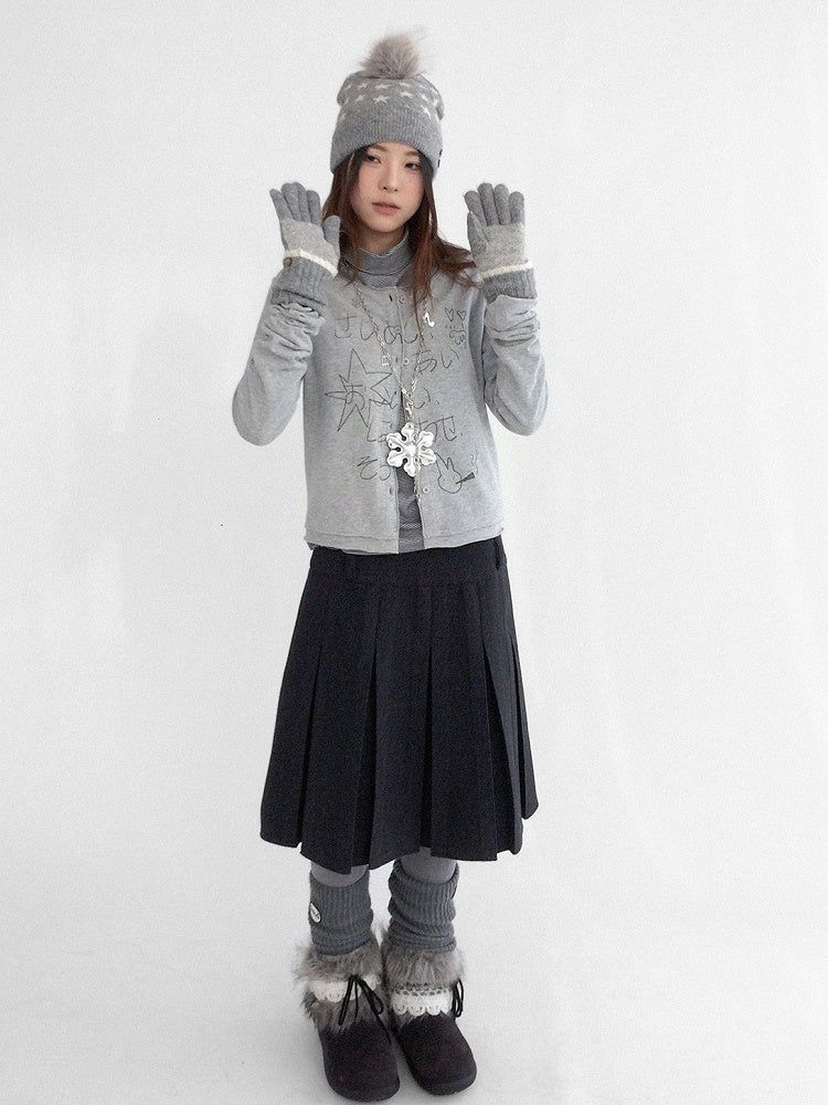 Neck Button Front Print with Cardigan Round - Grey Kawaii Letter Bunny Daily
