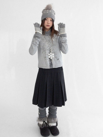 Neck Button Front Print with Cardigan Round - Grey Kawaii Letter Bunny Daily