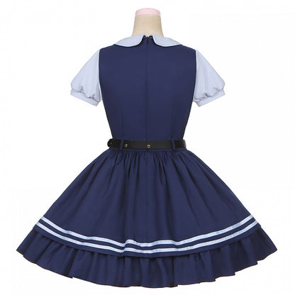 Marineblaues Kleid mit Peter-Pan-Kragen und kurzen Ärmeln, zweiteilig