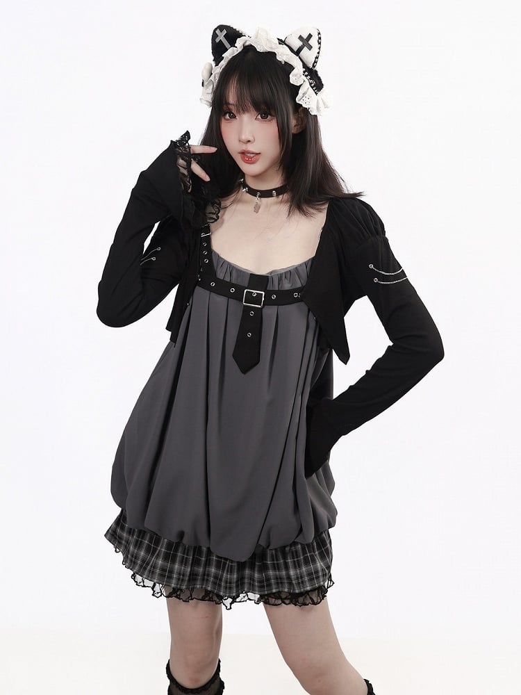 Black Cropped Cardigan with Flared Sleeves and Chain Detailing - PINK SAVIOR