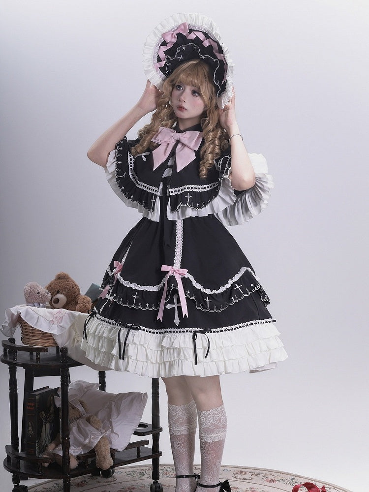 Short Sleeve Peter Pan Collar Lolita OP with Cross & Bow Accents in Black & Pink - MUYU