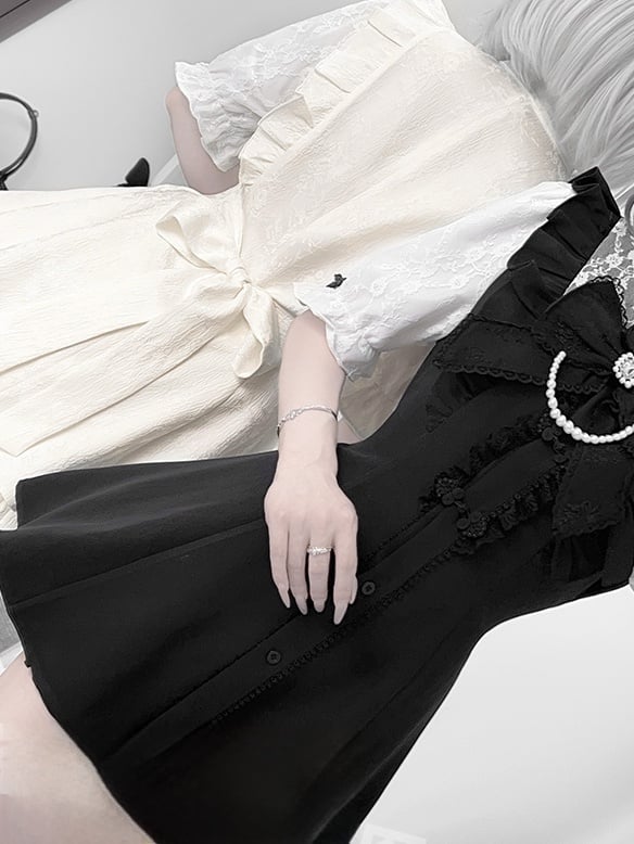 Keiセット - チャイナドレス（襟付き袖付き）+ショートパンツ+リボン（黒）Y2Kジライショートタイ+ヘアクリップ