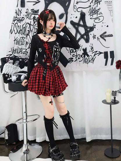 Y2K Coverup Set Kariertes Cami Top mit Kätzchen Print Schwarz Rot/Grau