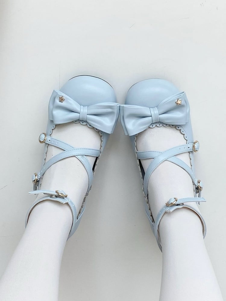 Decor Scalloped Sweet Blue Design - Bow Round-toe Lolita Heels Low