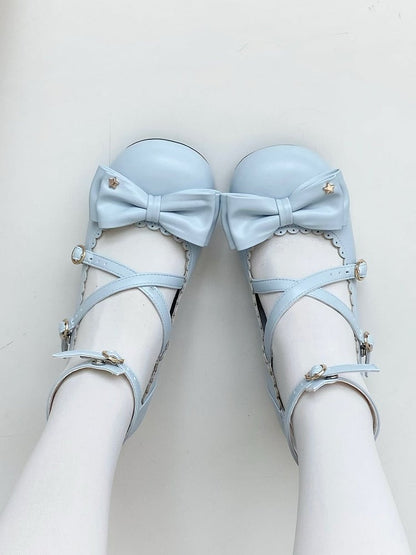 Decor Scalloped Sweet Blue Design - Bow Round-toe Lolita Heels Low
