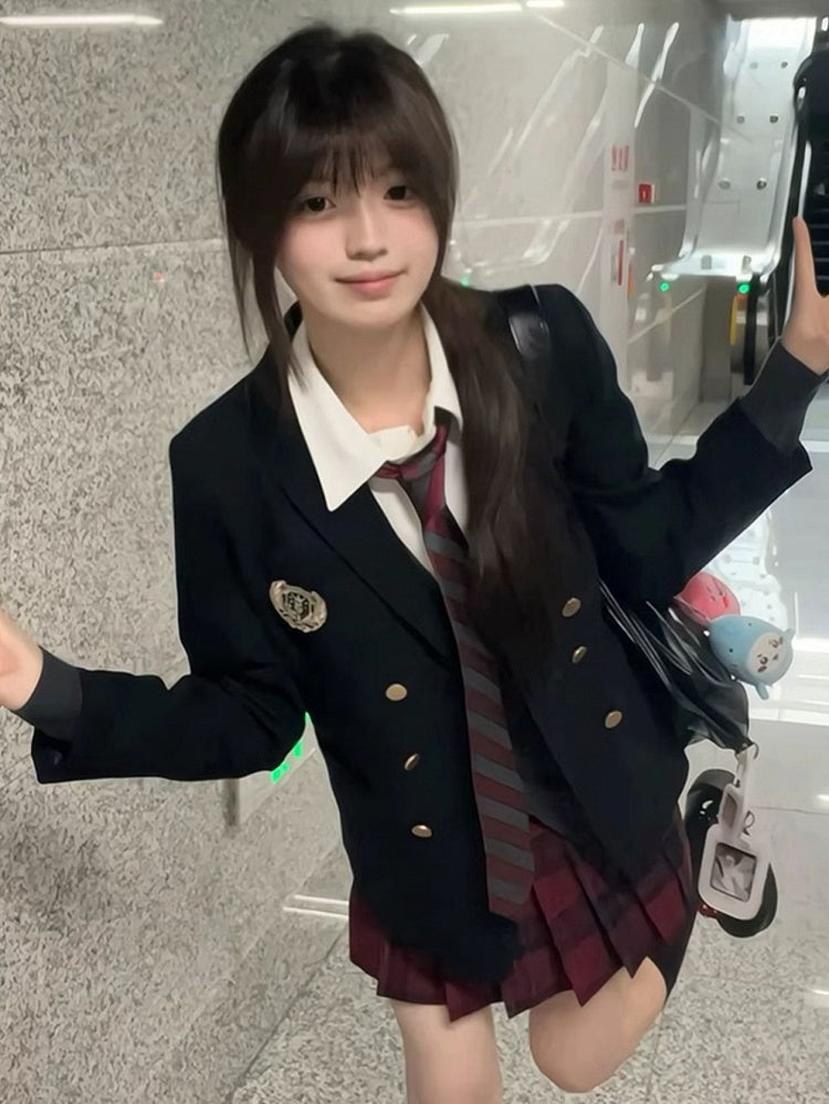 JK Decorated Blazer Blue Preppy Style Badge Uniform Dark