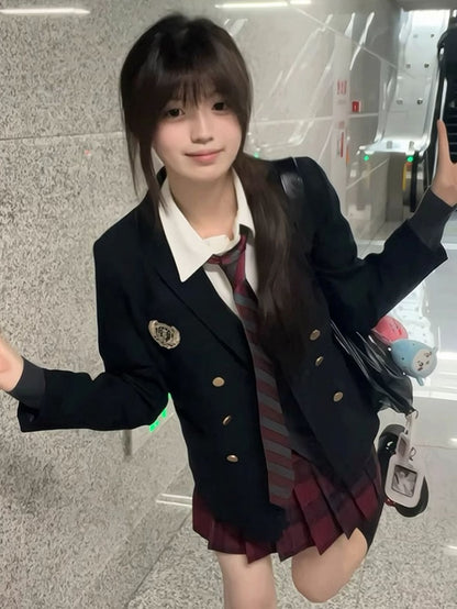 JK Decorated Blazer Blue Preppy Style Badge Uniform Dark