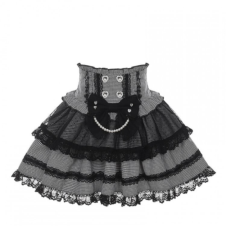Black White Houndstooth Jirai Kei High-Waisted Tiered Skirt with Lace Bow - Puppet Bombs