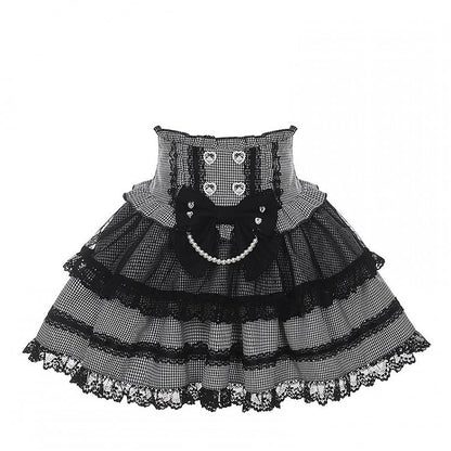 Black White Houndstooth Jirai Kei High-Waisted Tiered Skirt with Lace Bow - Puppet Bombs
