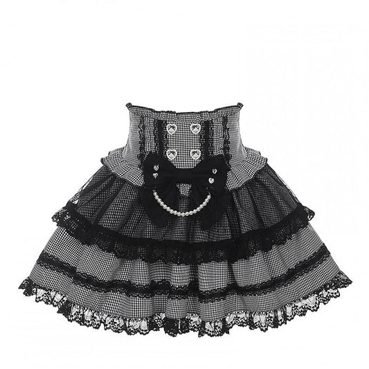 Jupe étagée taille haute pied-de-poule noir et blanc avec nœud en dentelle - Puppet Bombs
