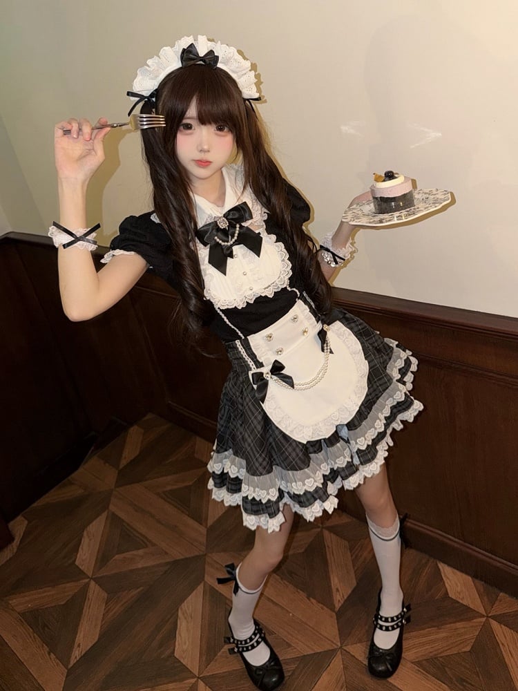 Bunny Ear Puff Sleeve Top with Lace & Bows, Black & White Maid Style - kukuwa