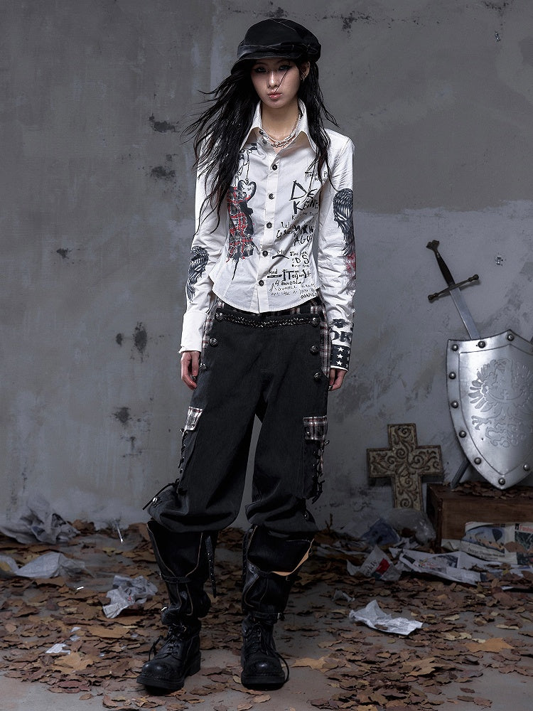 Straps Punk Beige Hand-Drawn with Motifs Back Shirt Vintage Studded