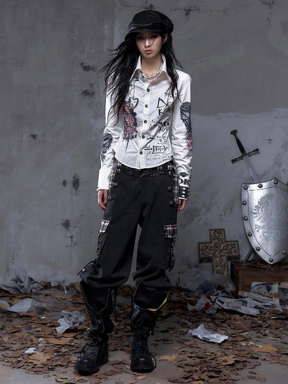 Straps Punk Beige Hand-Drawn with Motifs Back Shirt Vintage Studded