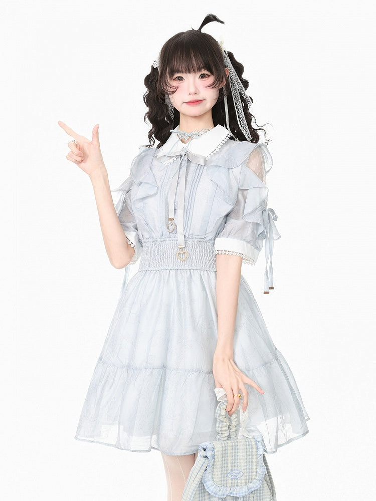 Dusty Blue Mesh Cut-Out Shoulder Dress with Ruffles