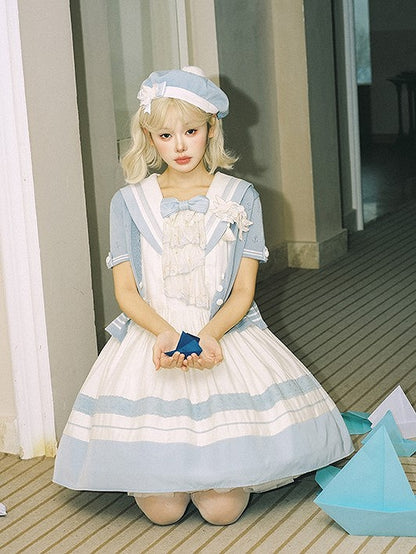 Accent Light White Sailor Bow Collar and Milk Lace Trims Lolita with Blue Dress