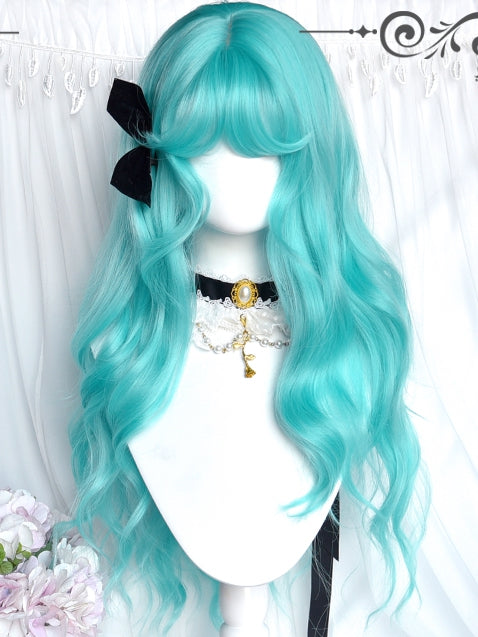Wavy With Green Wigs 62cm Long Bangs Air