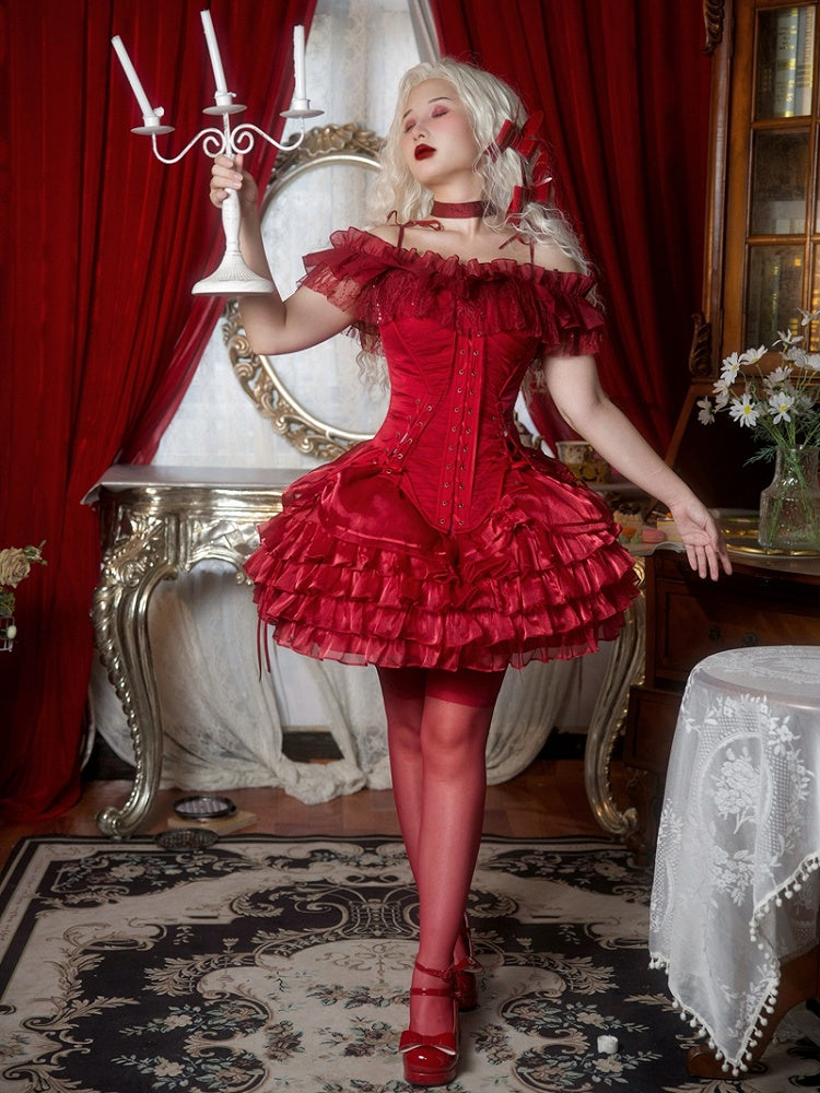 Hem Skirt Lolita Layered Drawstring Gothic Red Ruffle