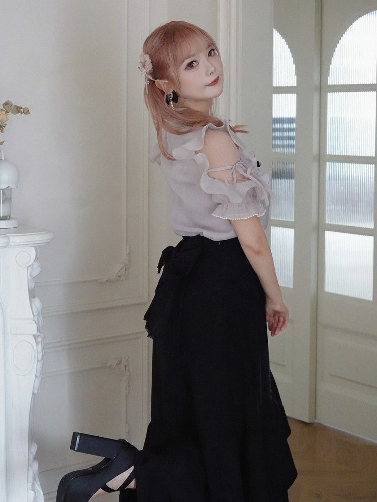 Plus Size Dusty Pink Seiso-kei Cutout Shoulder Blouse with Tulle Panel and Ruffle Accents - Smyster