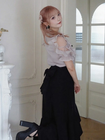 Plus Size Dusty Pink Seiso-kei Cutout Shoulder Blouse with Tulle Panel and Ruffle Accents - Smyster