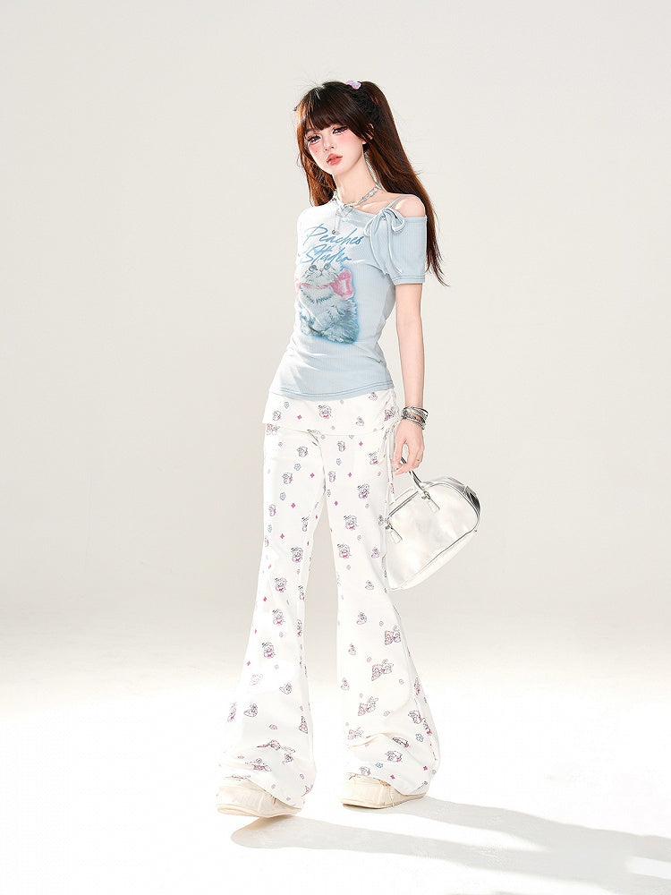 Adorable Bear and Bunny Print Drawstring Design Side White Glamorous Flared Pants