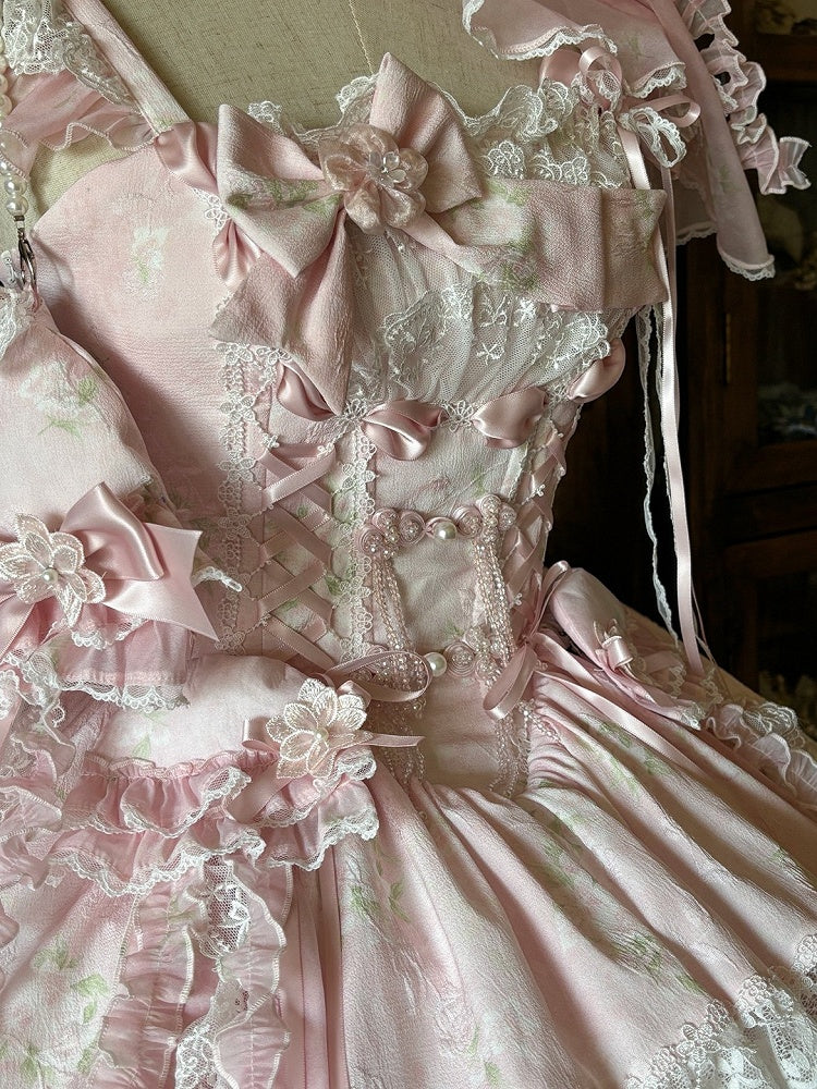 Pink Dress Princess and Jellyfish Lolita Button Jumper Blossom with Corset Accents Frog Print Pear Skirt
