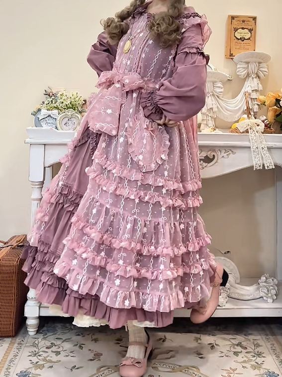 with Elegant Dress Purple Long Lolita Button-Front Tiered Sleeves Ruffle Detail