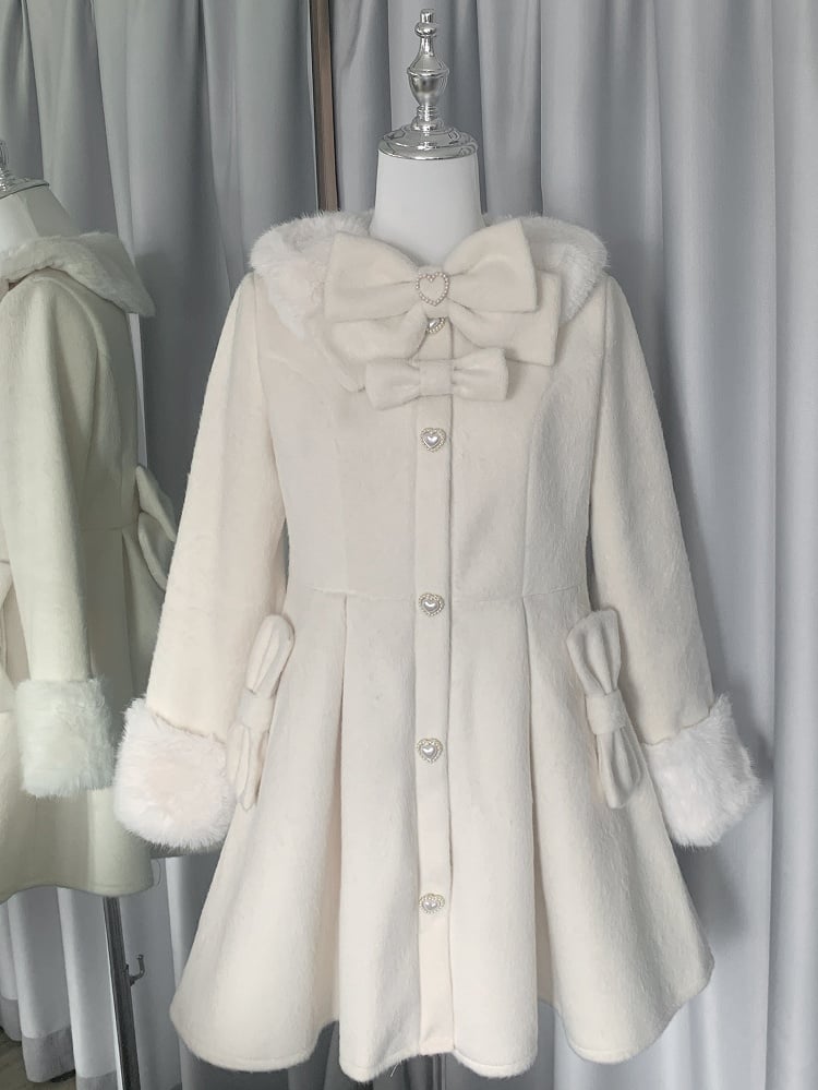 Bowknot Jirai Beige Kei Details Collar and Decorated Plush Cuffs Coat Beaded