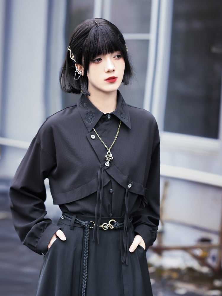 Shirt Patchwork Cheongsam Crow Gothic Asymmetric Faux Embroidery Two-Piece with Black