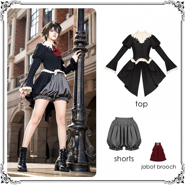 Vampirprinz Ouji Lolita-Komplettset – schwarzes Oberteil mit Schwalbenschwanz und langen Ärmeln + graue Pumphosen-Shorts + rote Jabot-Brosche