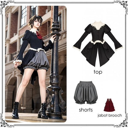 Vampirprinz Ouji Lolita-Komplettset – schwarzes Oberteil mit Schwalbenschwanz und langen Ärmeln + graue Pumphosen-Shorts + rote Jabot-Brosche