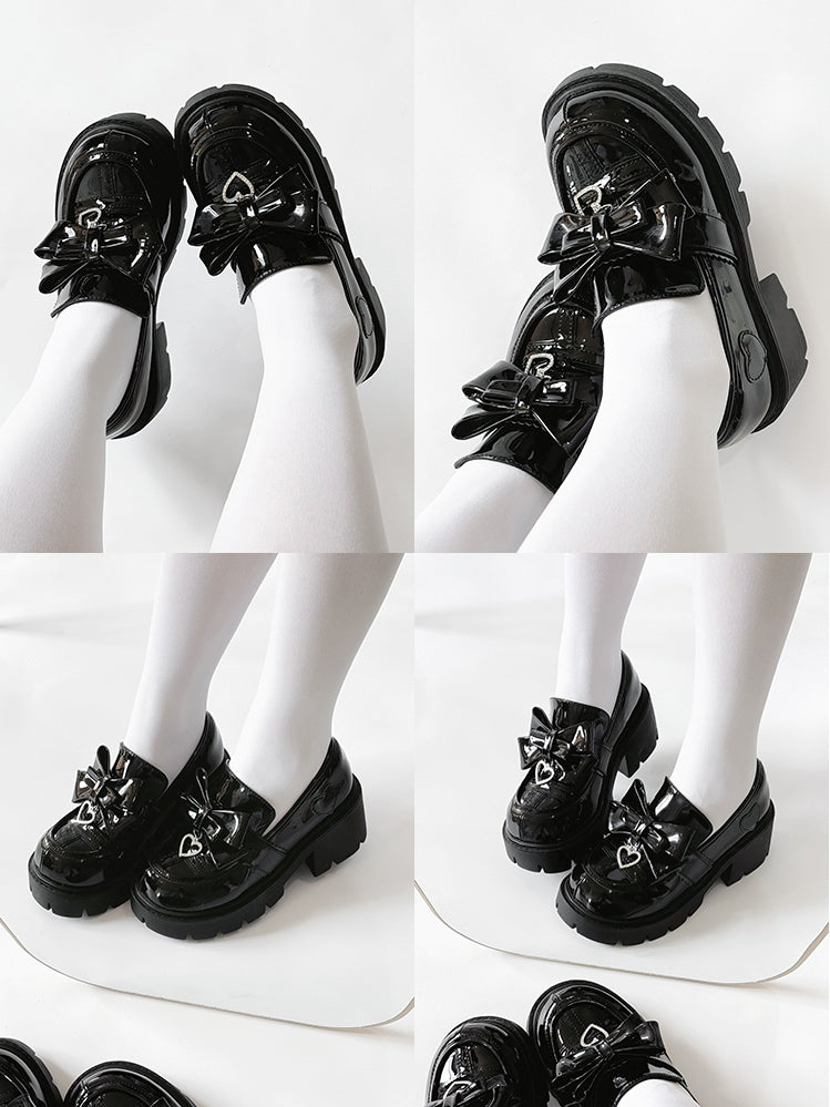 Heart Design Polished - Platform Black with Rhinestone Bow Slip-On Kei Charm Jirai Loafers