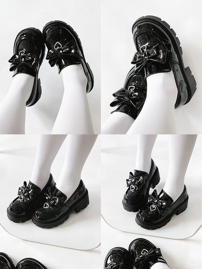 Heart Design Polished - Platform Black with Rhinestone Bow Slip-On Kei Charm Jirai Loafers