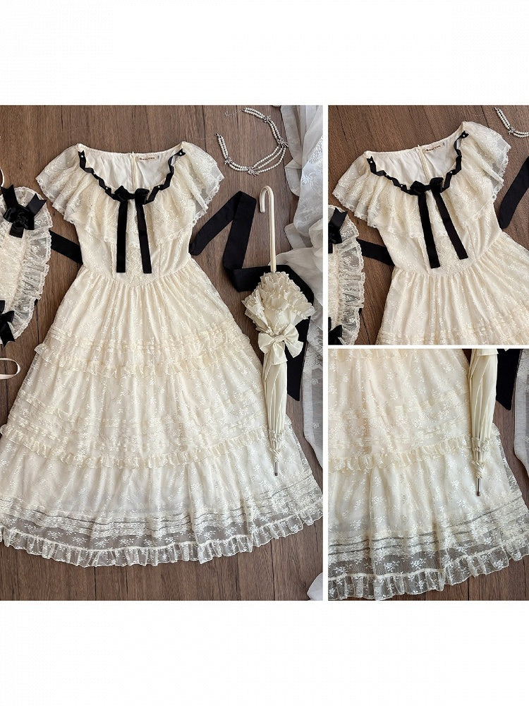 Elegant Classic Beige & Black Lolita Long JSK Gown with Butterfly Bow and Layered Skirt - Miss Cube Dressworks