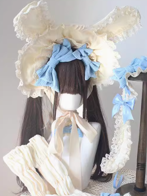 ウサギの耳フリル、レーストリム、ベージュボンネット