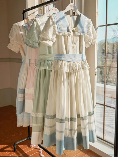 Lace Milk White Sailor Dress Puff Sleeves and Trim Collar Lolita with Light Blue