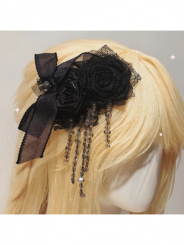 Rose Motif Lolita Hair Clip with Beaded Accents in 3 Colors - Sweet Wood Lolita