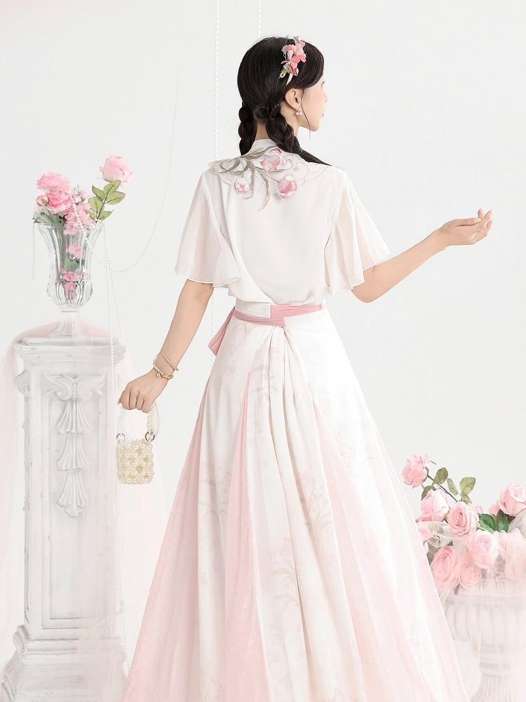 White and Pink Chinese Floral Embroidered Capelet with Chiffon Top and Skirt - Unknown Star