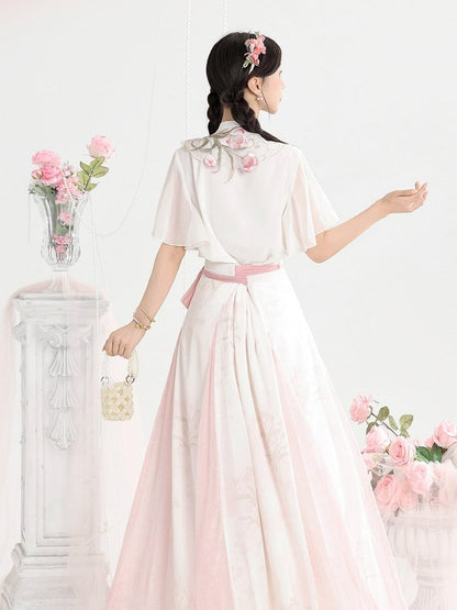 White and Pink Chinese Floral Embroidered Capelet with Chiffon Top and Skirt - Unknown Star