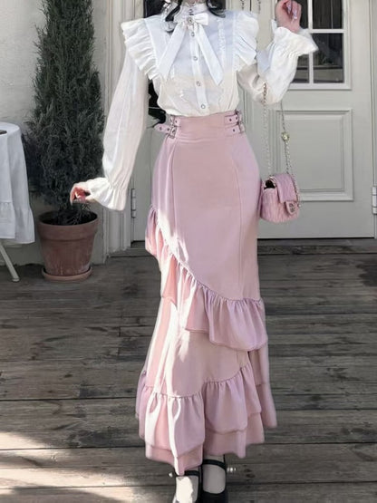 Pink - Ruffled Mermaid Rhinestone Style Long-Sleeve Two-Piece Jirai White Bow Pure Set Kei + Top Skirt