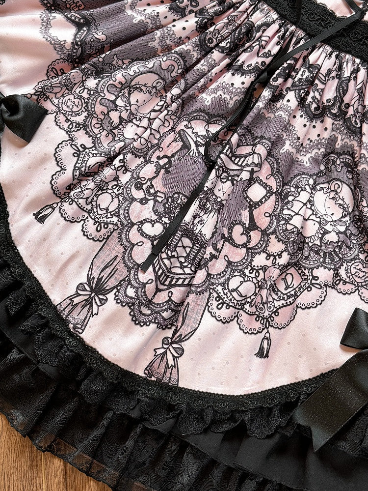 Black and Pink Kitty Bunny Print Tiered Sweet Dress - Mademoiselle Pearl